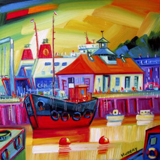 A colorful painting of a harbor scene with a boat in the foreground and vibrant buildings in the background. By Raymond Murray
